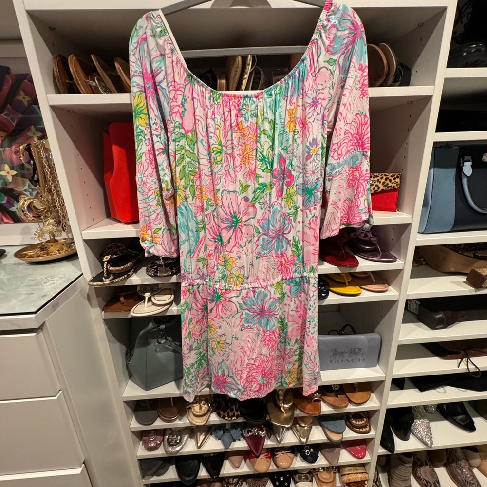 Lilly Pulitzer’s off shoulder M romper with built in shorts
